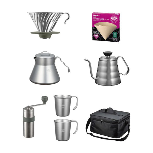 HARIO V60 アウトドアコーヒーフルセット｜ステンレス製ドリッパー＆ミル付属｜ペーパーフィルター100枚入り仕様